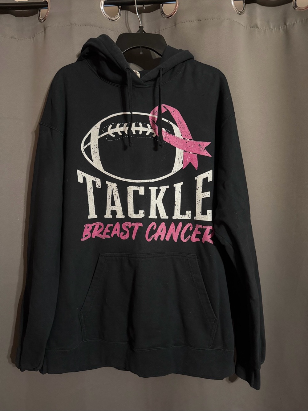 Port and Company Black Hoodie with Pink Breast Cancer Ribbon Graphic
